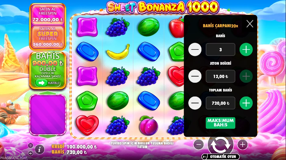 Sweet Bonanza 1000 bahis paneli — 12 jeton değeri, 720 TL toplam bahis